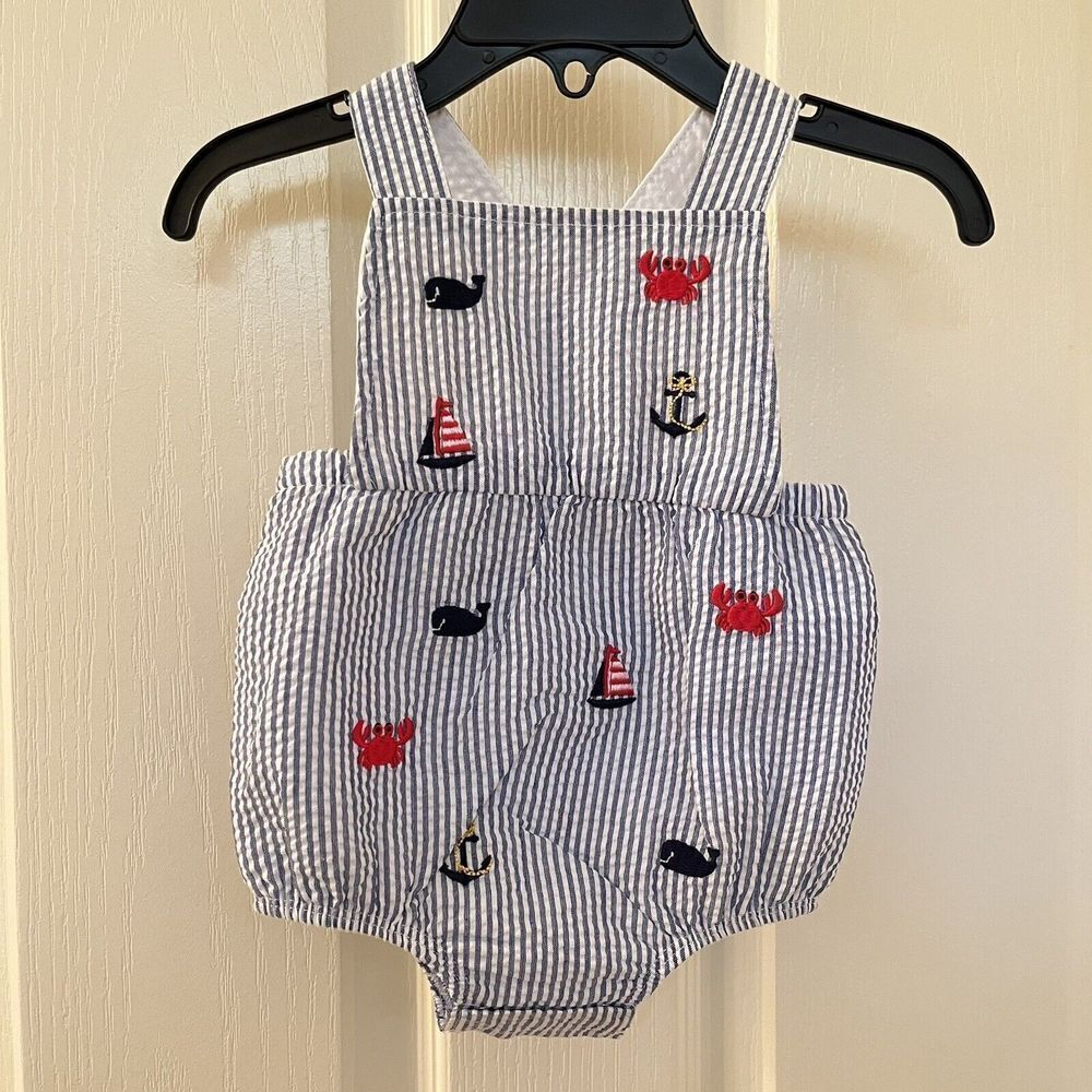 Mud Pie Sail Sea Nautical Seersucker Bubble Romper Boys Size 3-6 Months NWT